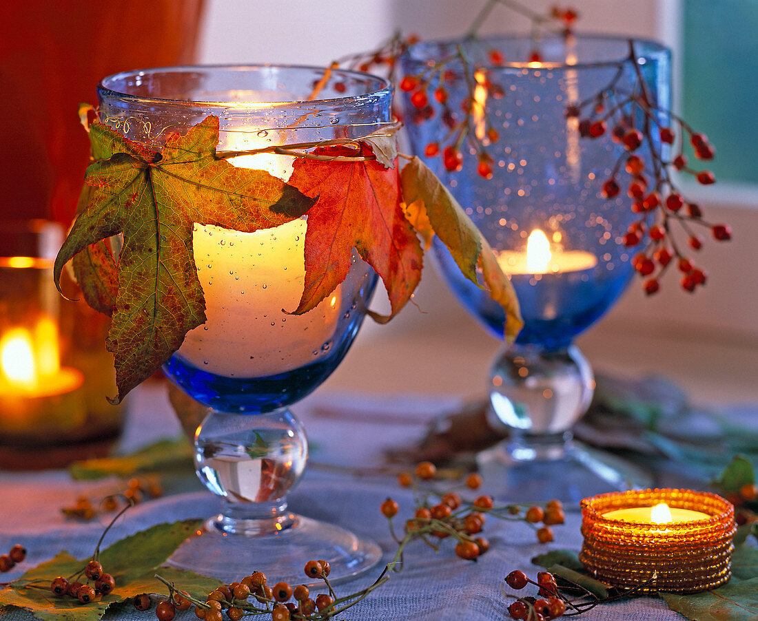 Wine glasses as lanterns, Liquidambar (amber tree leaves)