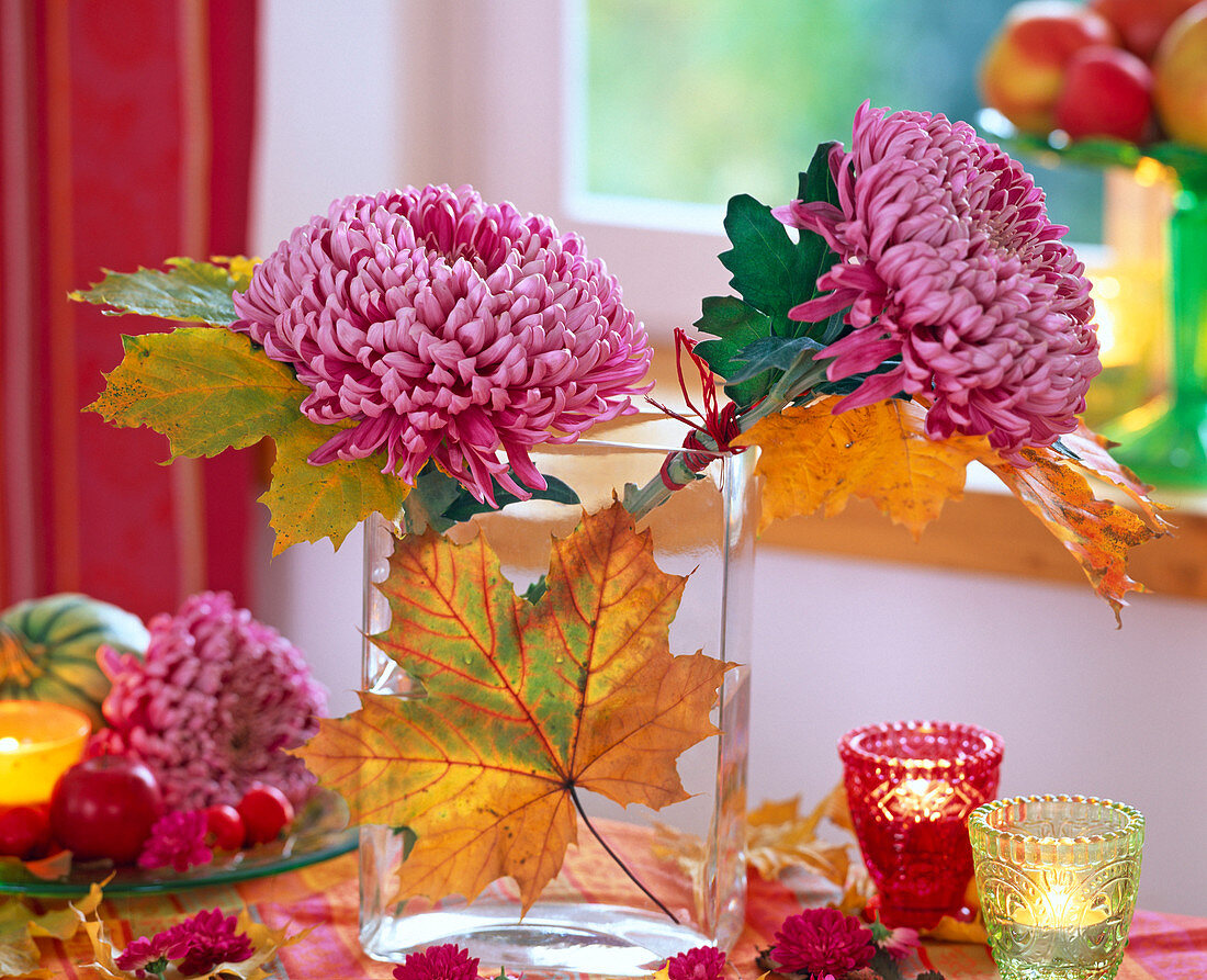 Maple leaf on glass vase