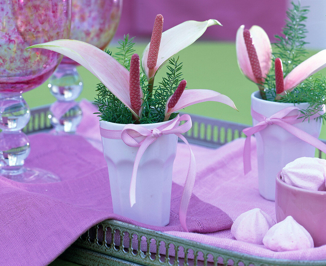 Pink Anthurium (flamingo flower) with Asparagus (ornamental asparagus) in a white vase