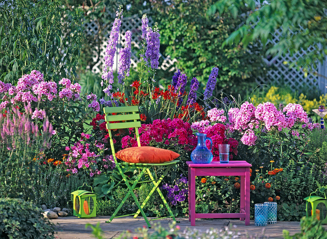 Sommerbeet mit Phlox, Delphinium (Rittersporn), Crocosmia