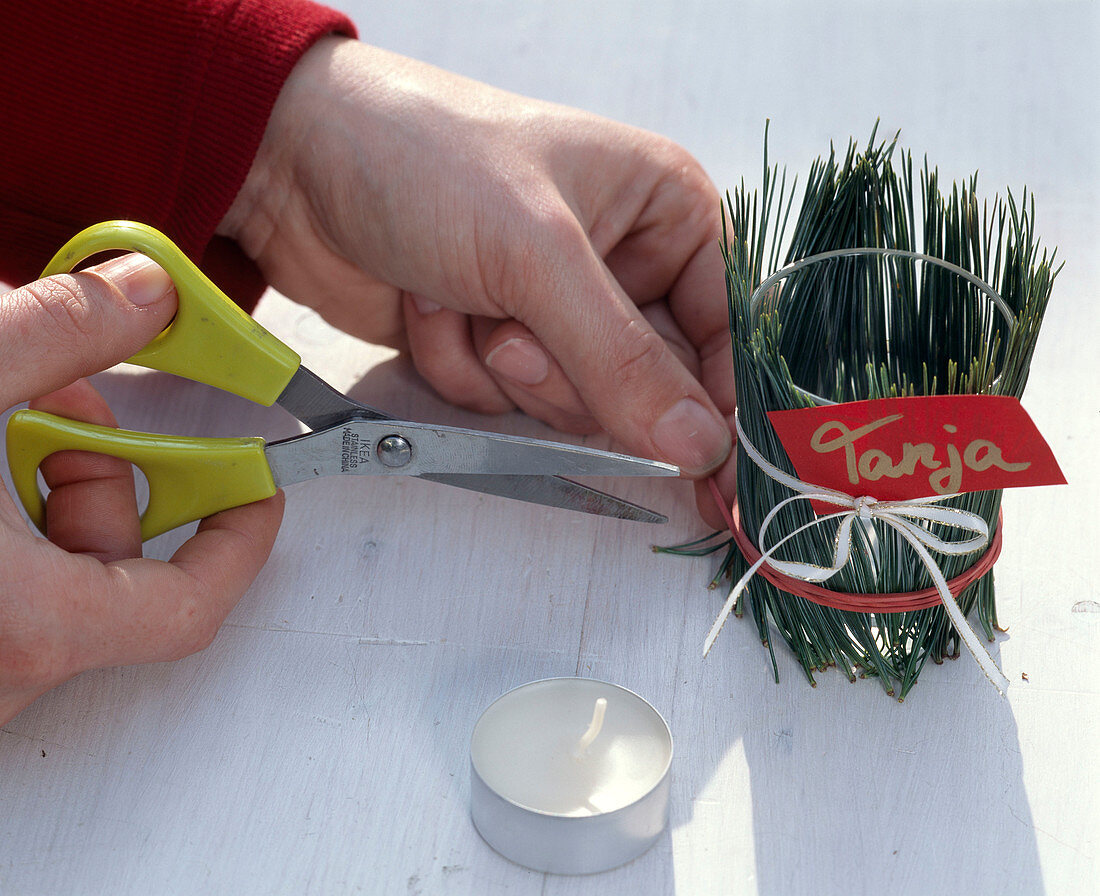 Tealight with pine needle decoration