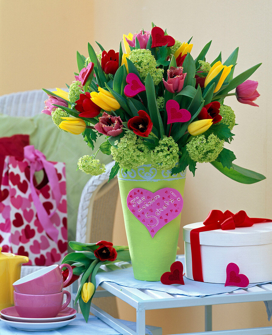 Bouquet of tulipa, viburnum, hearts