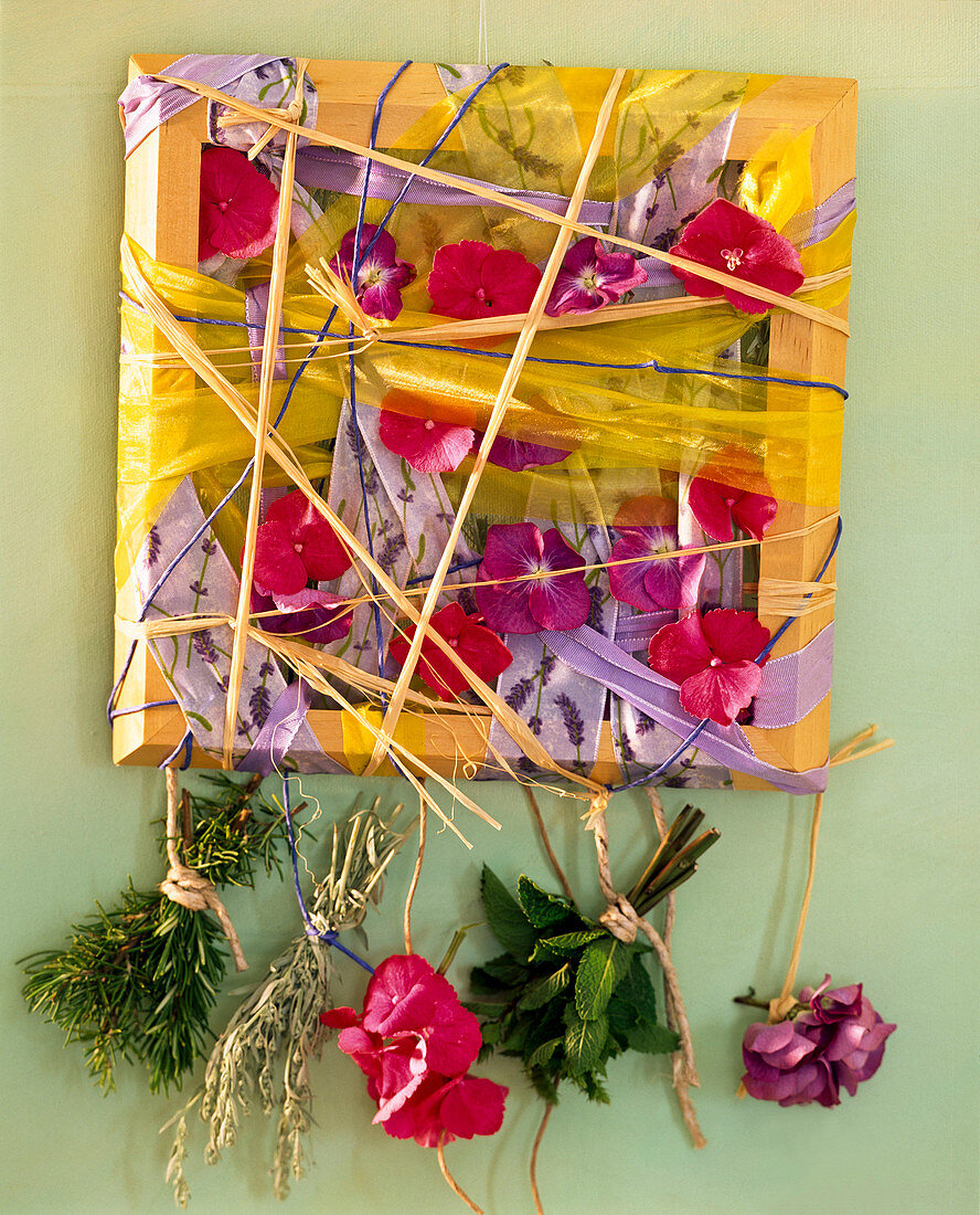 Woven mural with hydrangea (hydrangea) flowers