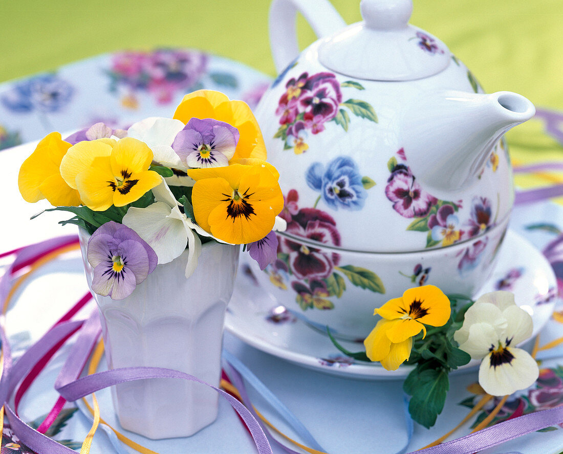 Kleiner Strauß aus Viola (Hornveilchen, gelb, weiß, lila) in weißer Vase