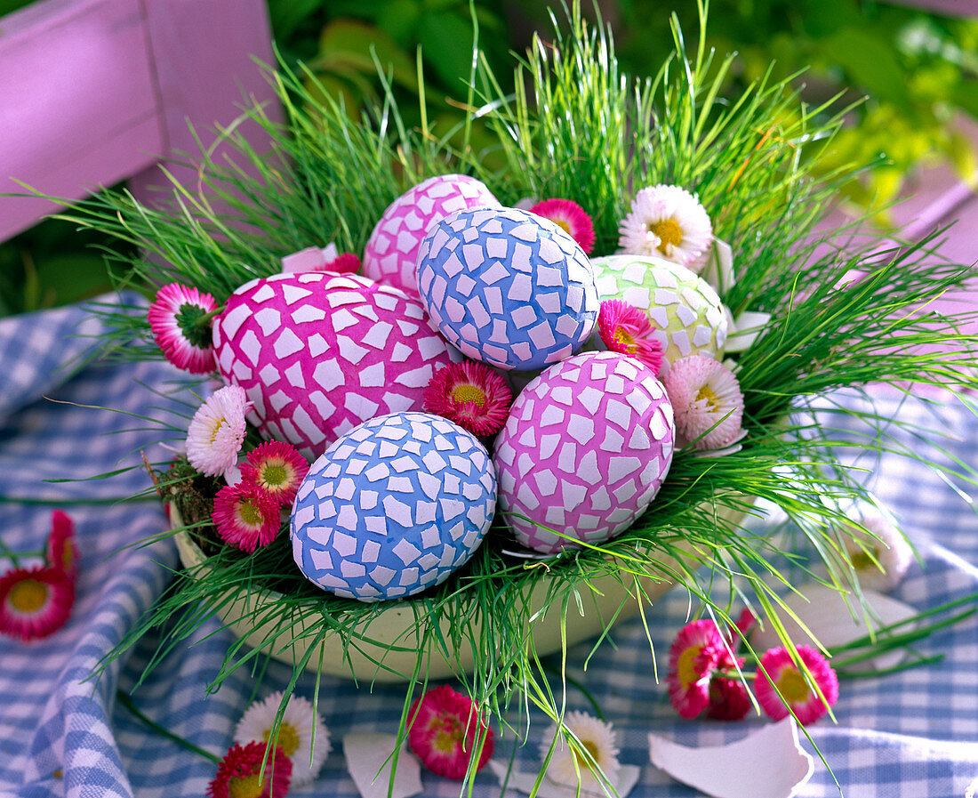 Easter eggs painted and covered with eggshells