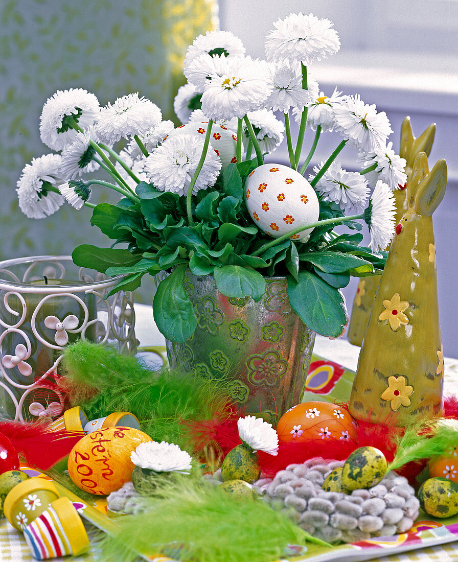 Bellis (daisy, white) in metal planter, wreath of Salix