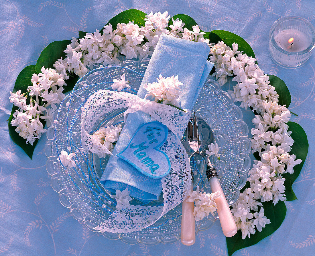 Blossoms and leaves of Syringa (lilac, white) wreathed around glass plates