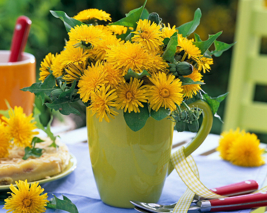 Bouquet of Taraxacum (dandelion) in green cup, cake