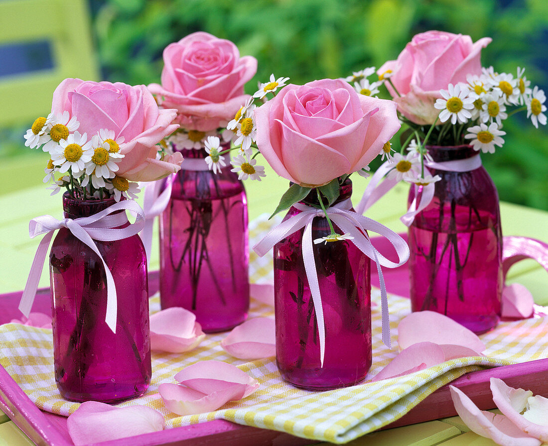 Rose, Matricaria in purple glass bottles