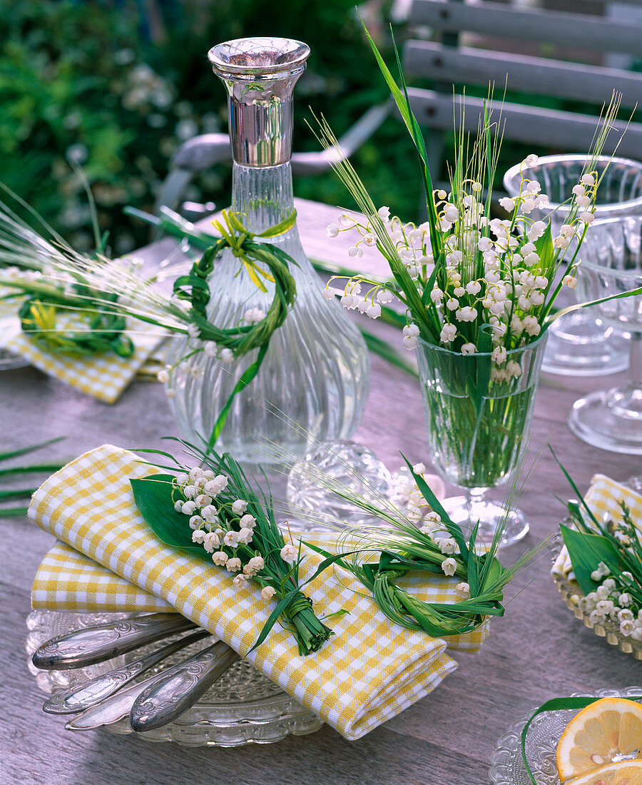 Bouquet and wreaths made of Convallaria majalis (lily of the valley)