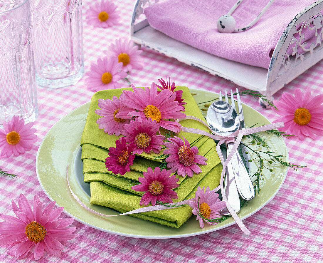 Flowers of Rose Argyranthemum, asparagus