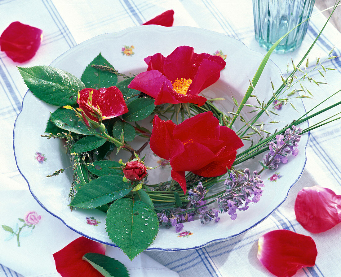 Blossoms of Rosa (roses, red), Nepeta (catmint), grasses