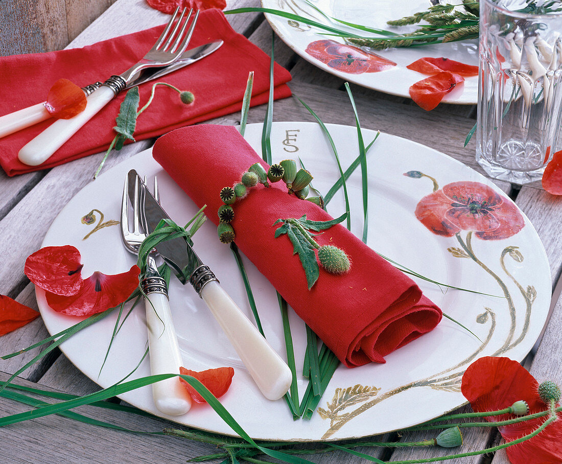 Serviettenring aus Samenkapseln von Papaver (Mohn) um rote Serviette