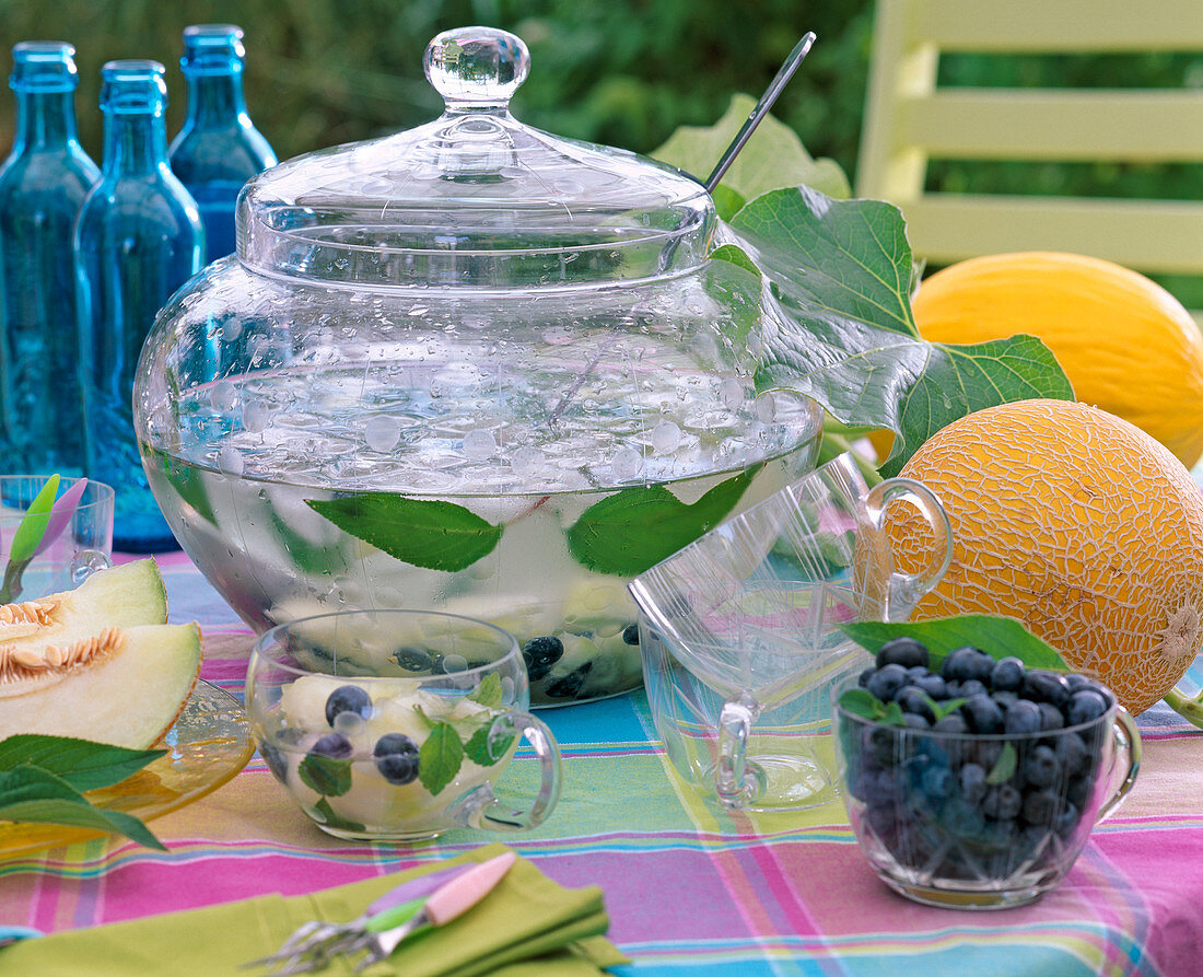 Bowle mit Cucumis (Netz- und Honigmelone) und Salvia rutilans