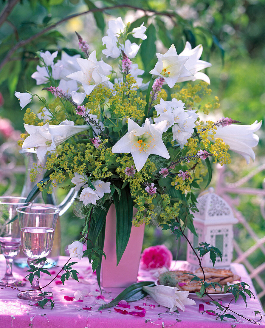 Bouquet of Lilium longiflorum, white, fragrant, Alchemilla