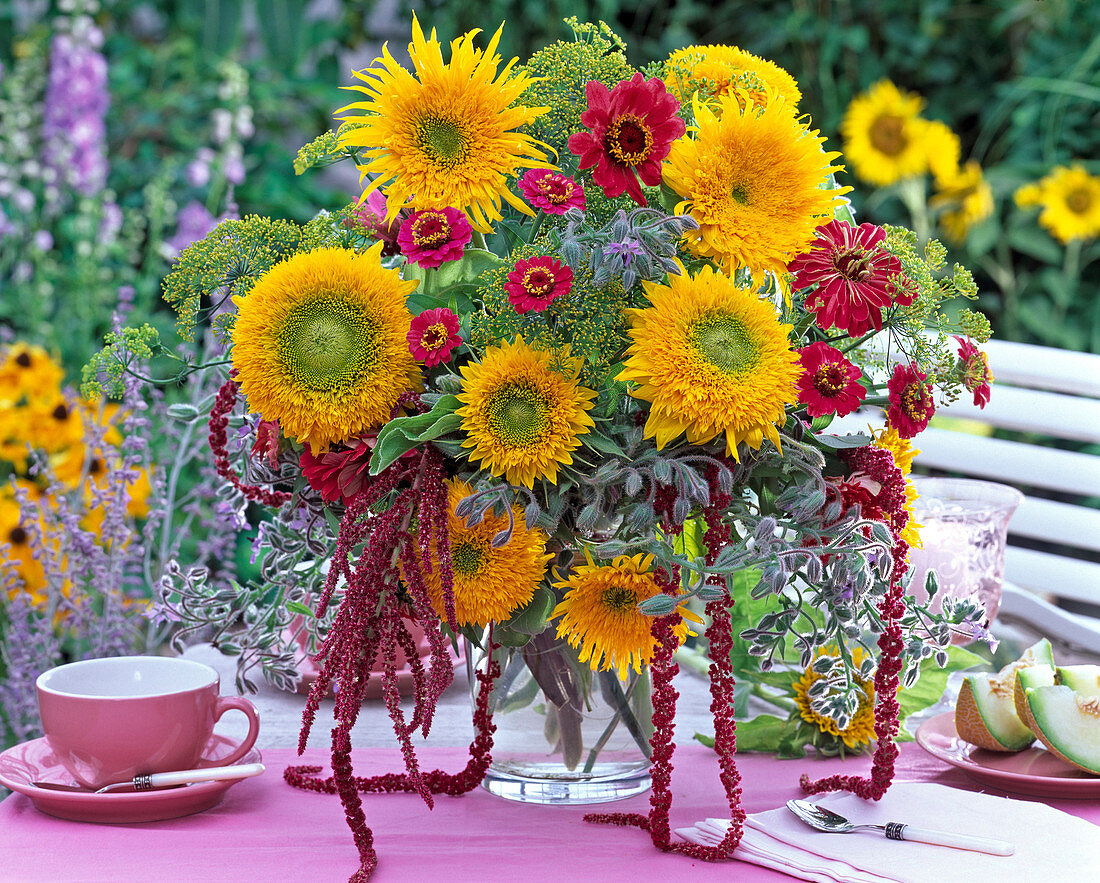 Bouquet of Helianthus, Zinnia, Amaranthus