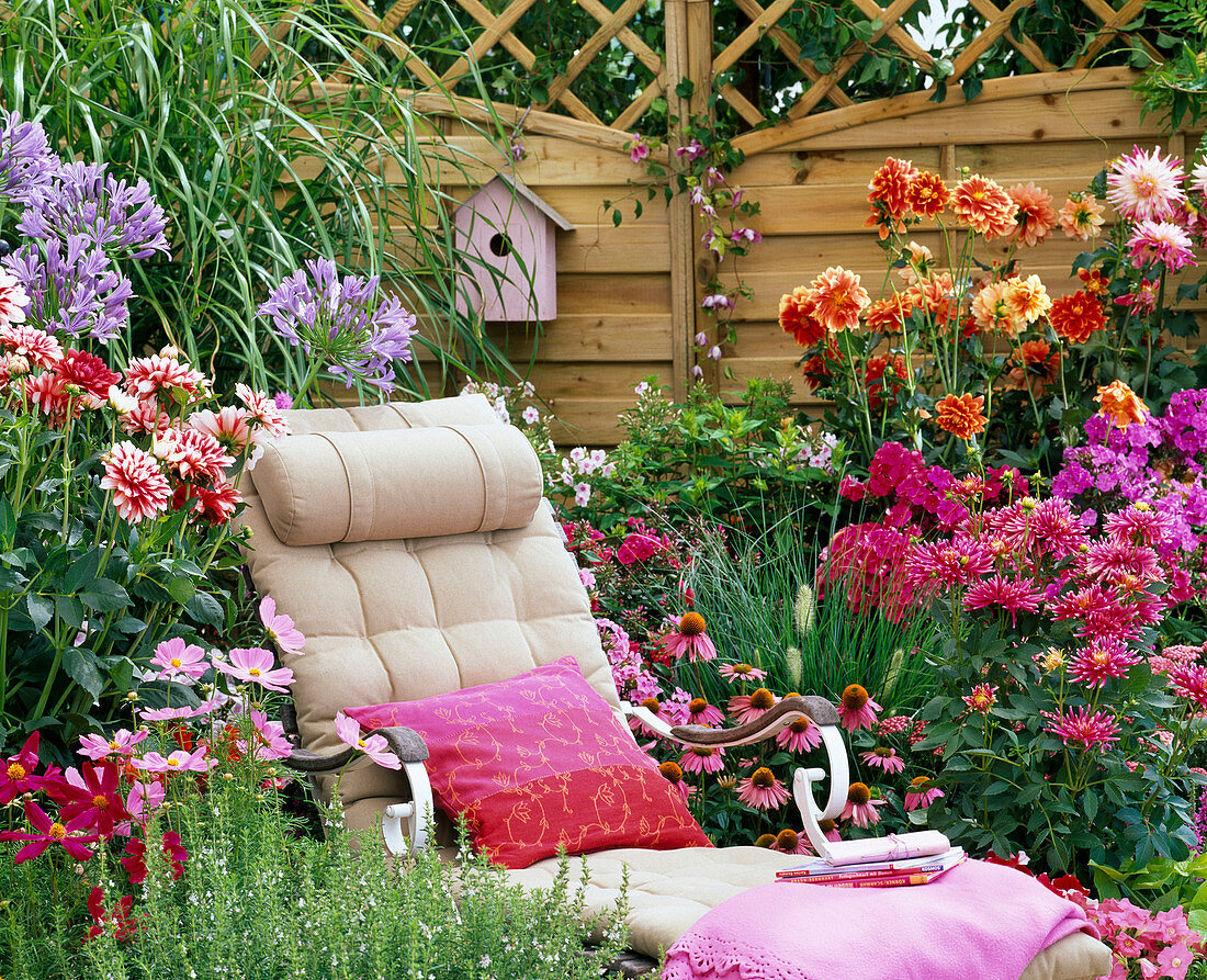 Deck chair in the flowerbed in front of the screen