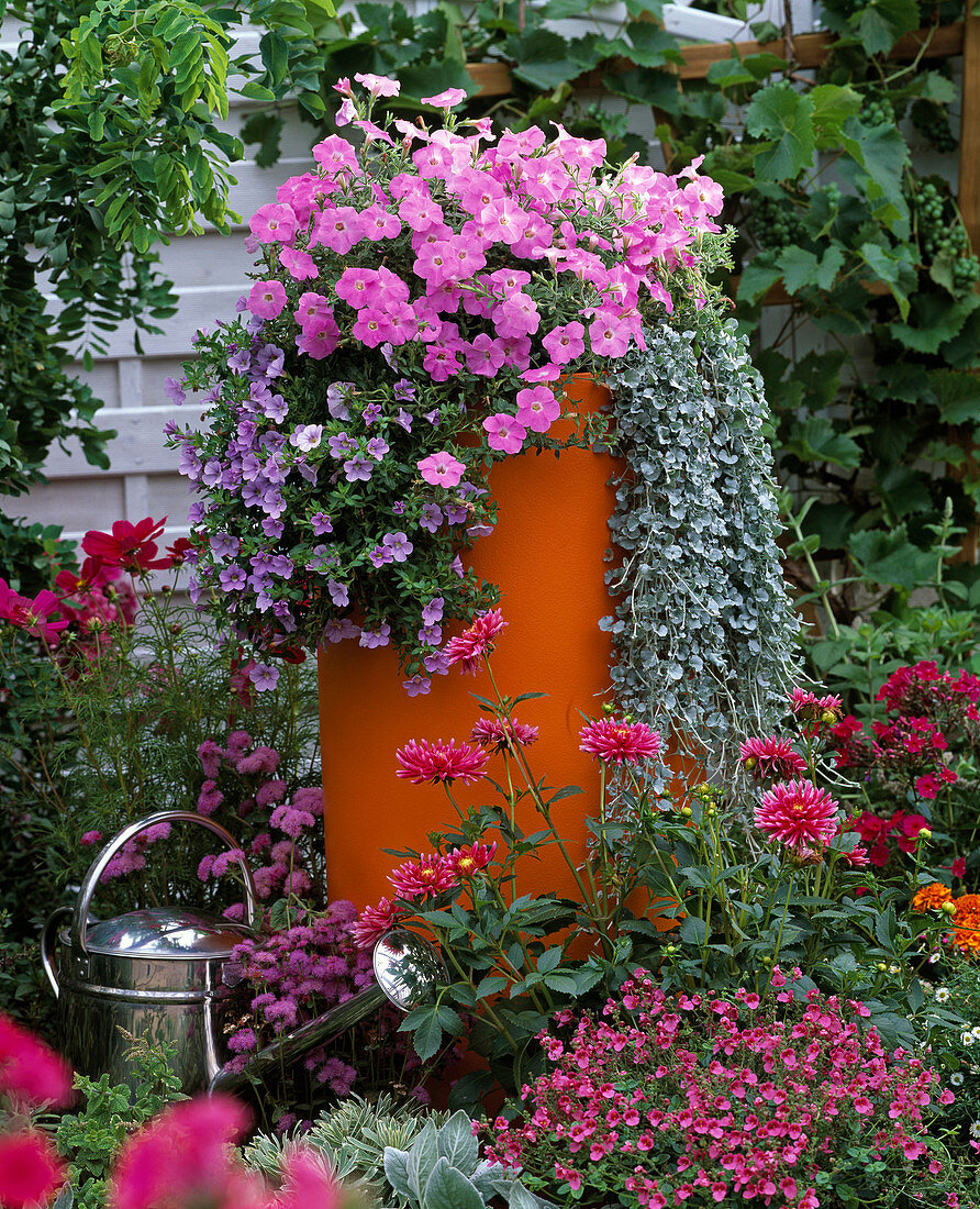 Bepflanzter oranger Kunststoffkübel im Blumenbeet