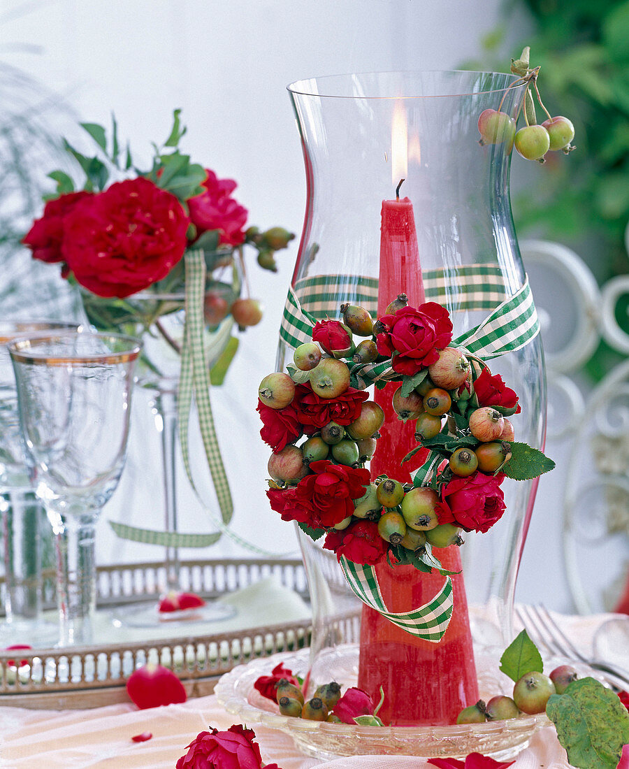 Lantern with wreath of pink (roses, flowers and rose hips)