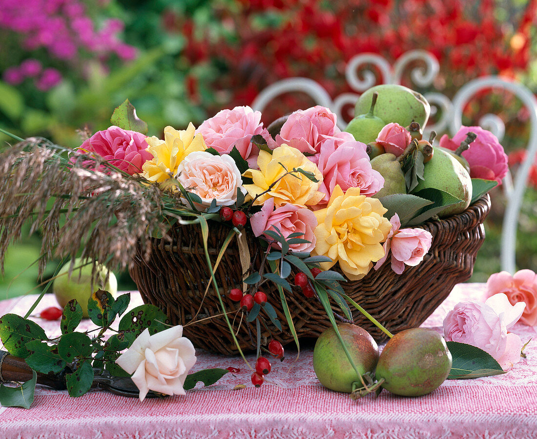 Rosa (roses), Miscanthus (Chinese reed), Pyrus (pears) in brown basket