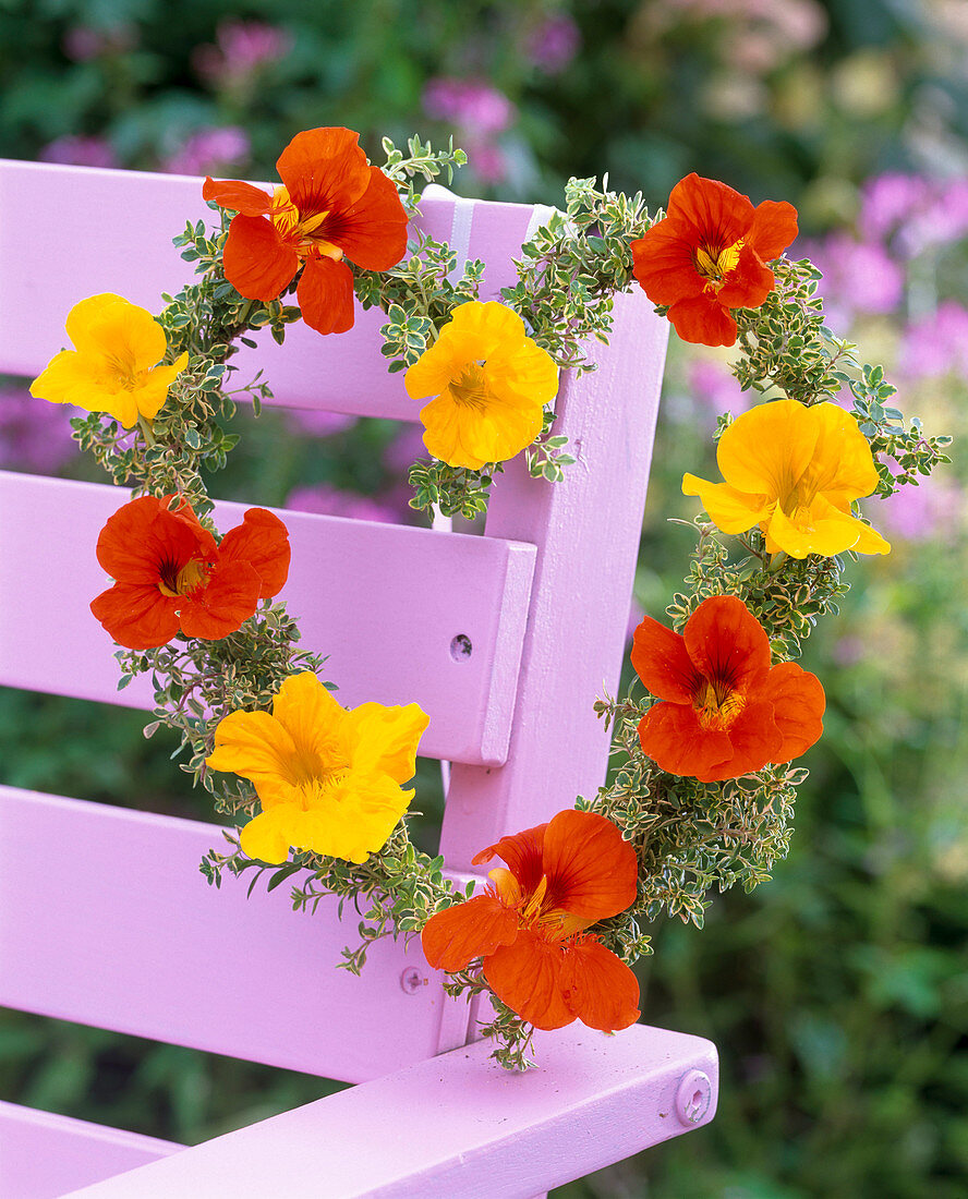 Heart shaped wreath with tropaeolum, thymus