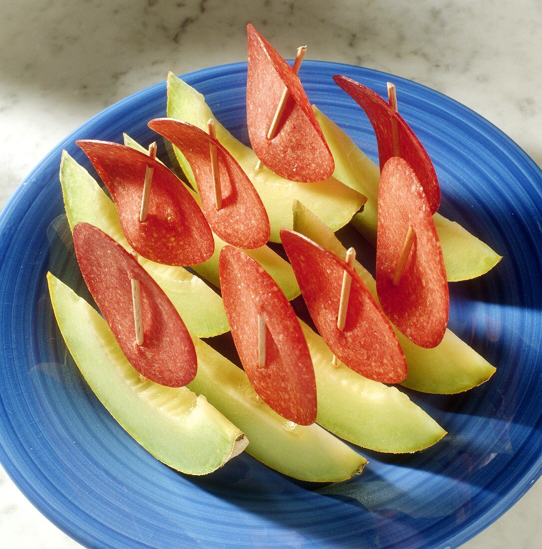 Melon Boats; Honeydew Melon with Salami Slice