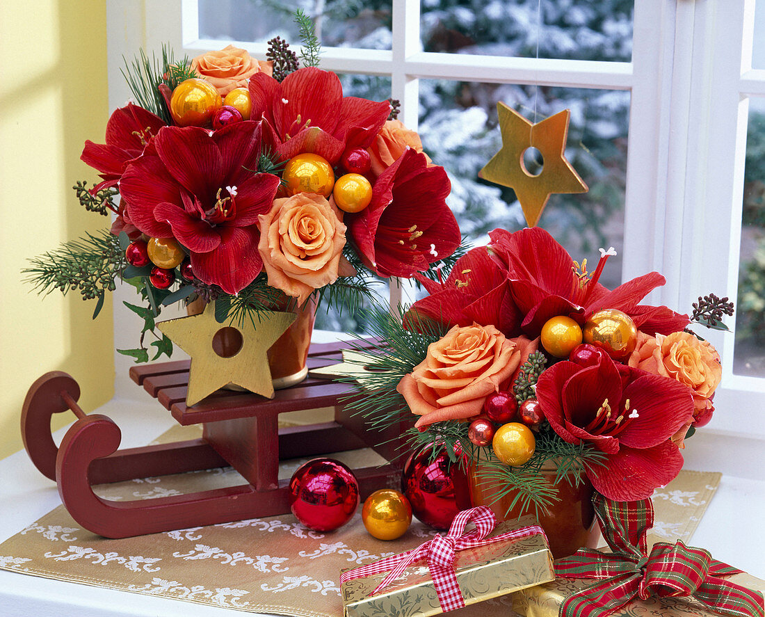 Bouquets of Hippeastrum, Rosa, Eucalyptus, Pseudotsuga