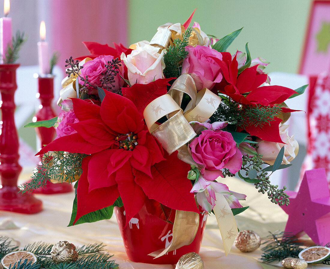 Bouquet of Euphorbia pulcherrima (Poinsettia), Rosa (Rose)