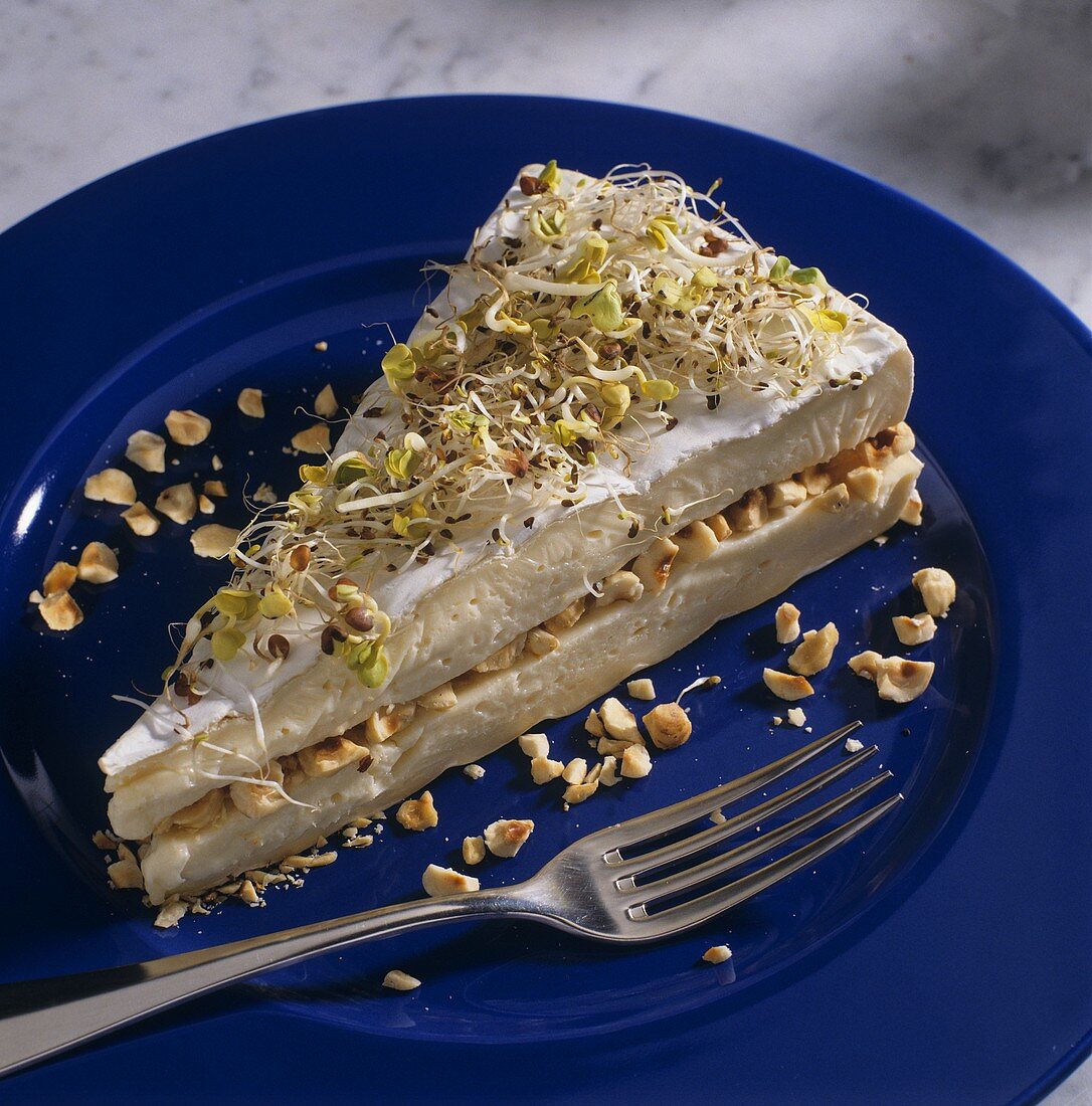 A piece of brie tart with sprouts and hazelnut filling