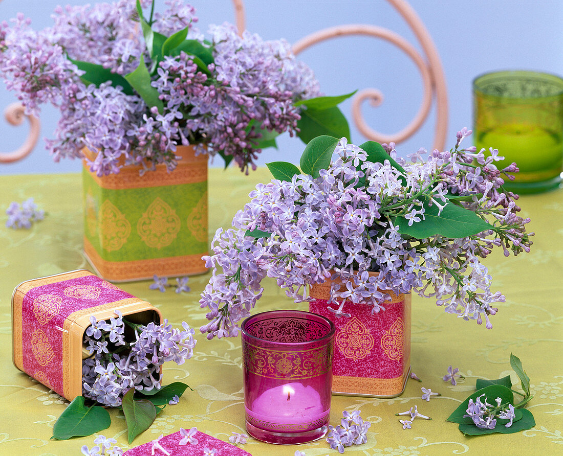 Syringa (lilac) in patterned tins, wind light