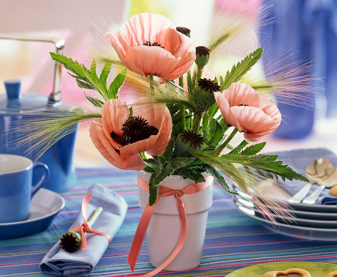 Kleiner Strauß aus lachsfarbenem Papaver (Mohn) und Hordeum (Gerste)