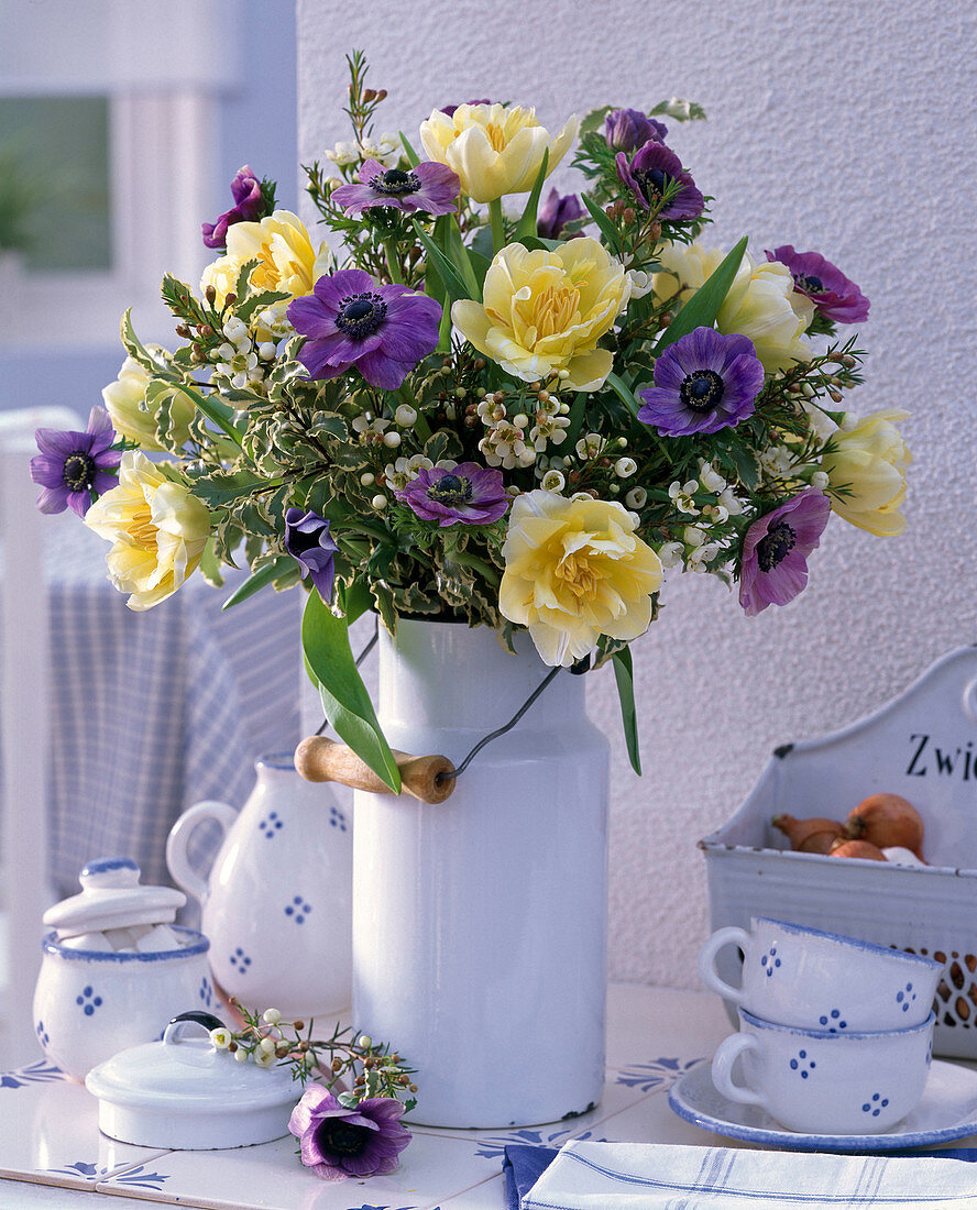 Bouquet with Tulipa, Anemone coronaria, Pittosporum