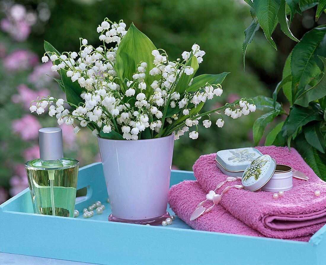 Bouquet of lily of the valley with perfume and towels as a gift on a tray
