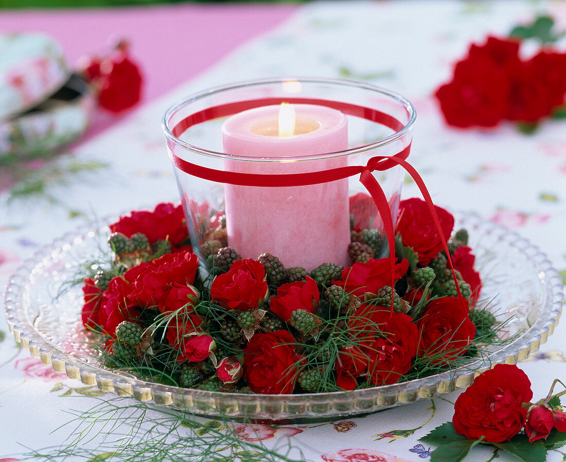 Wreath of roses and raspberries