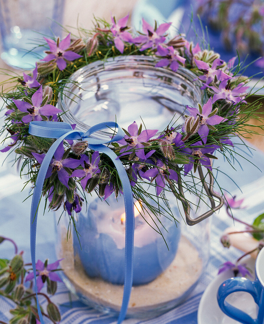 Borage dill wreath around lantern