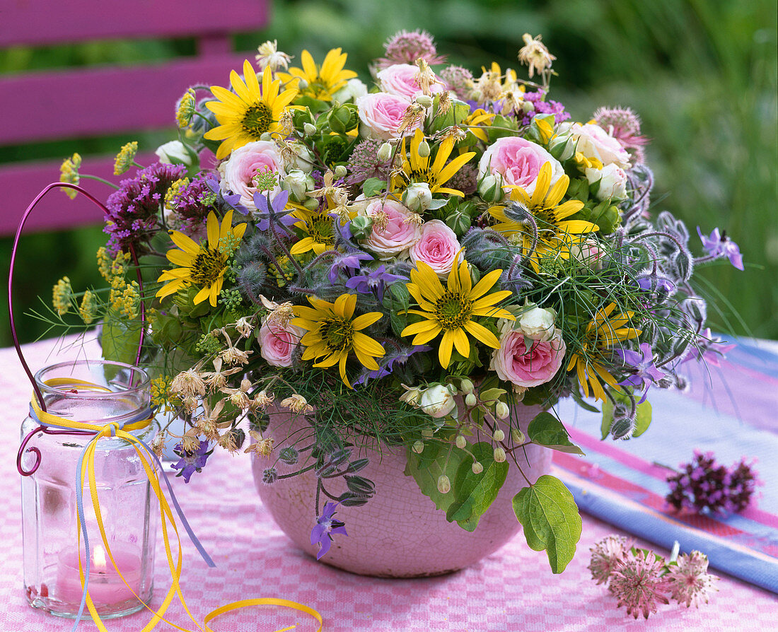 Bouquet of Helianthus, Rosa, Borago