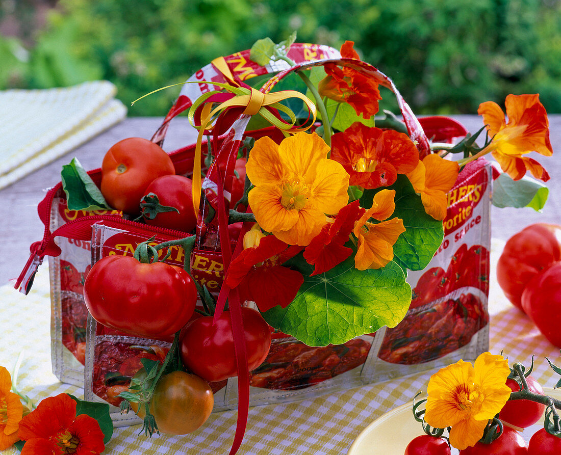 Tropaeolum (Kapuzinerkresse), Lycopersicon (Tomaten) in Tasche aus Packungen