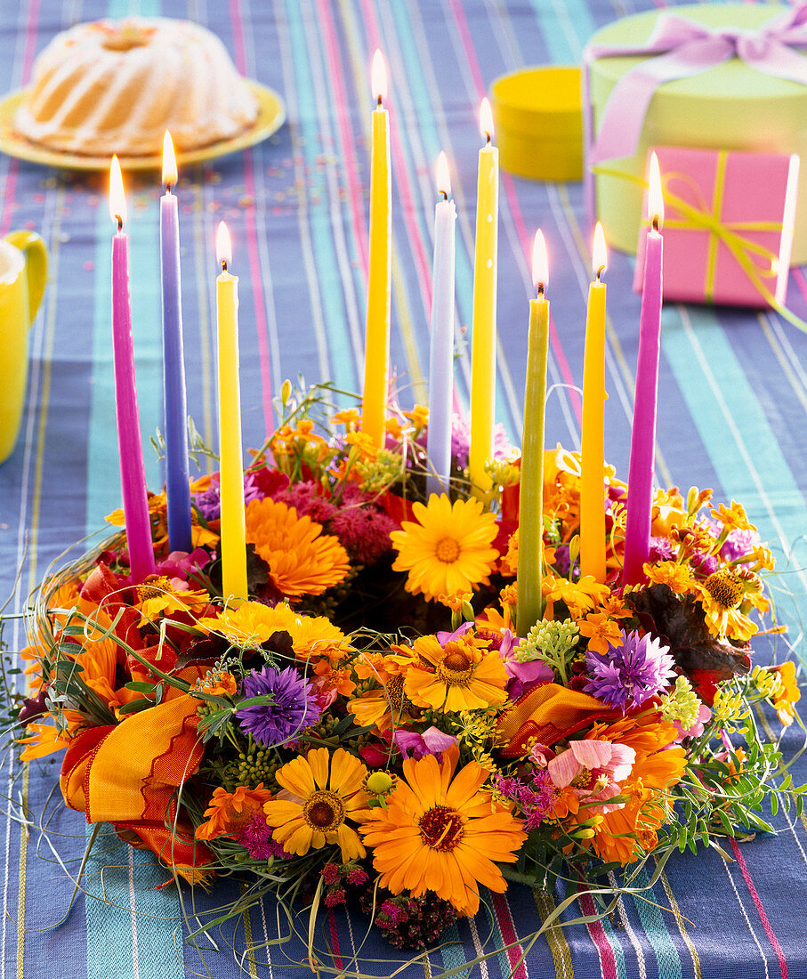 Wreath of Helenium (sunflower), Calendula (marigold), Centaurea