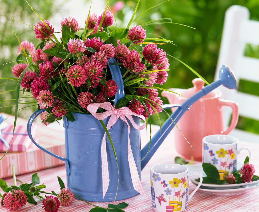 Trifolium and grasses bouquet in watering can with ribbon