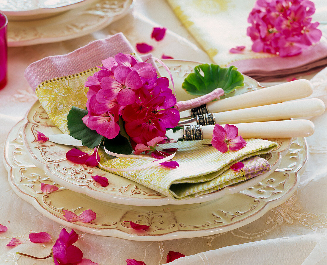 Pelargonium (geraniums), stems wrapped with ribbons on cutlery, napkin