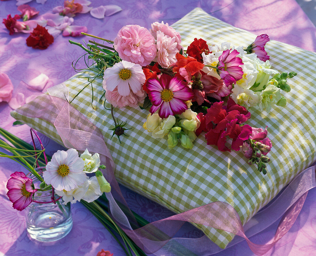 Summer flowers table decoration, bouquet from Cosmos, Antirrhinum