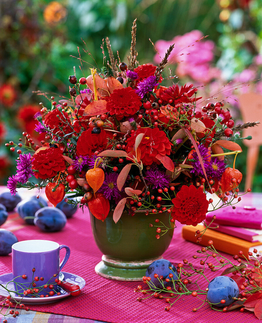 Bouquet of dahlia, aster, rose hips, grasses