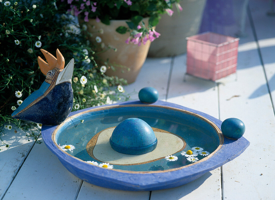 Birdbath, pink pots