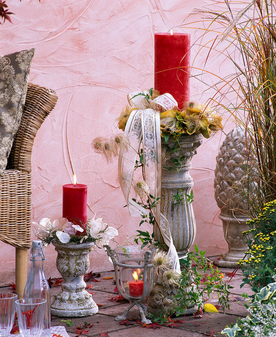 Columns decorated as candle holders with Clematis (woodland vine), Lunaria