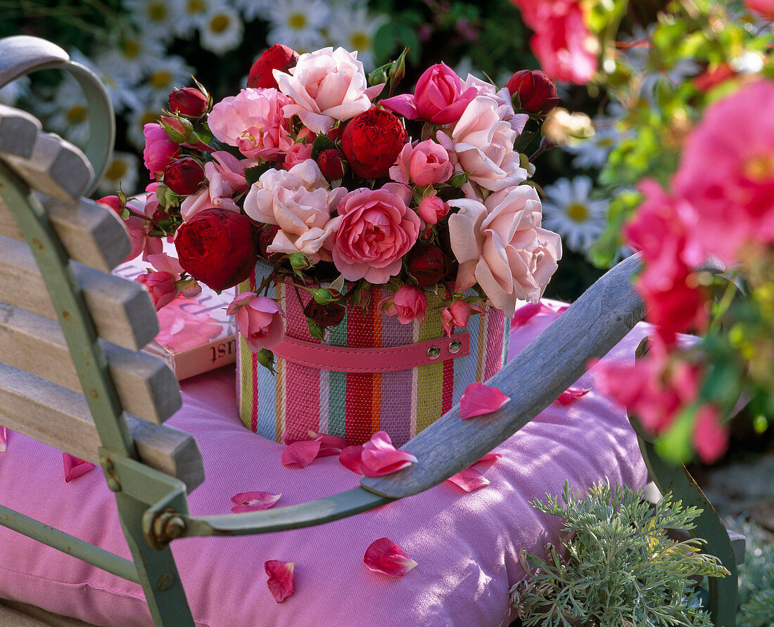 Pink (rose) bouquet in bag on the chair