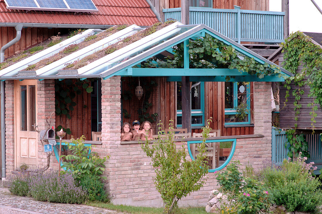 Überdachte Terrasse mit begrüntem Dach, bewachsen mit Vitis