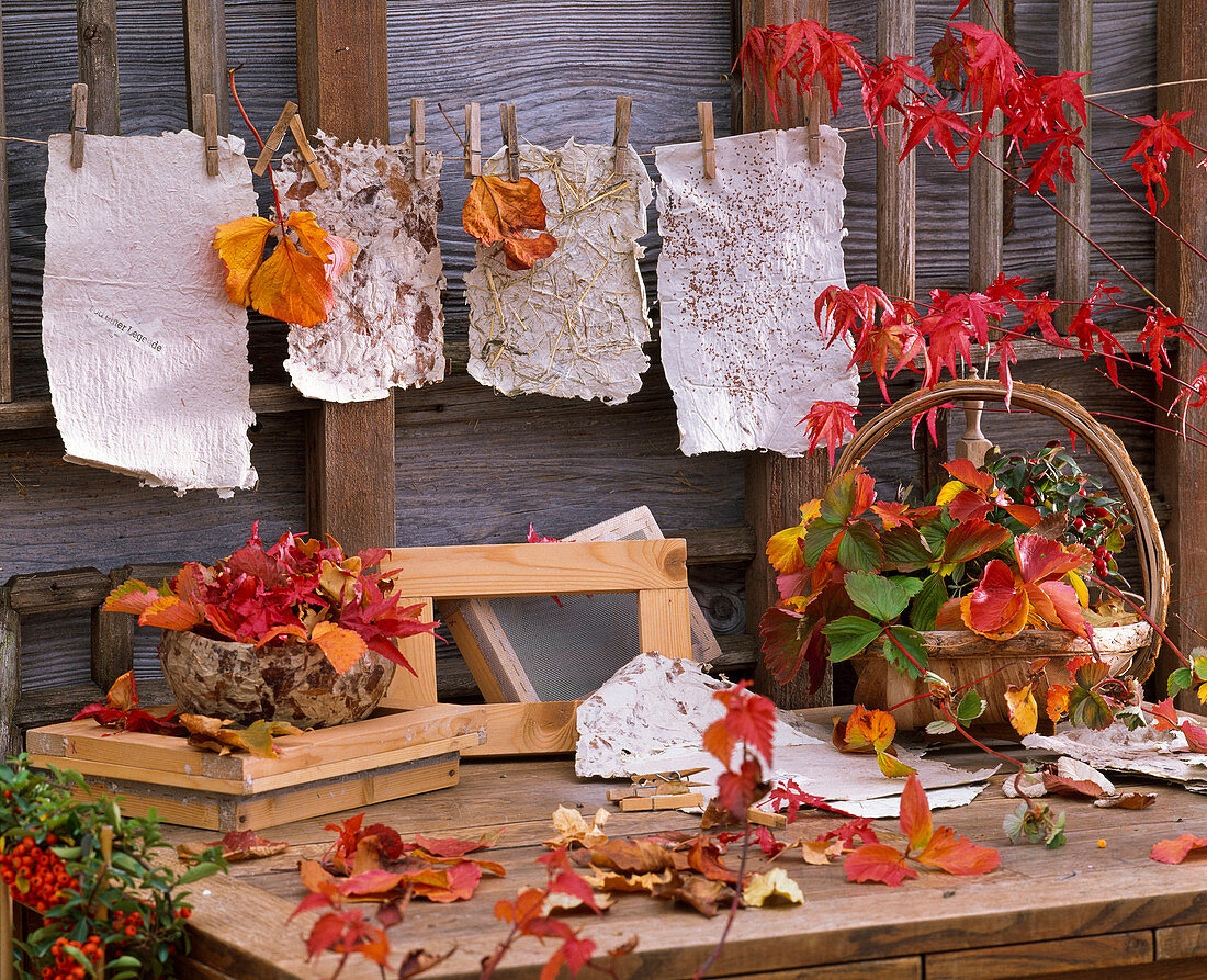 Handmade paper with floral ingredients: Autumn leaves of Fragaria