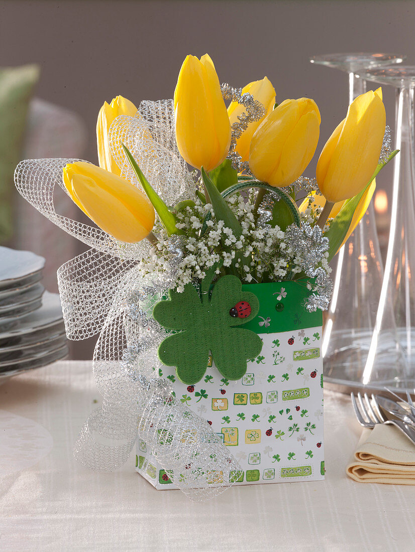 Yellow bouquet with tulipa and gypsophila