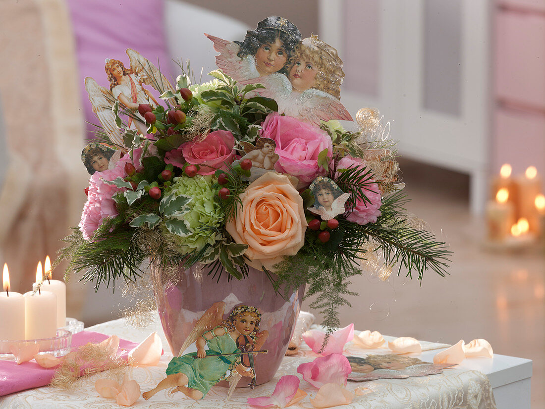 Bouquet of Rosa (roses), Dianthus (carnations), Pseudostuga (Douglas fir)