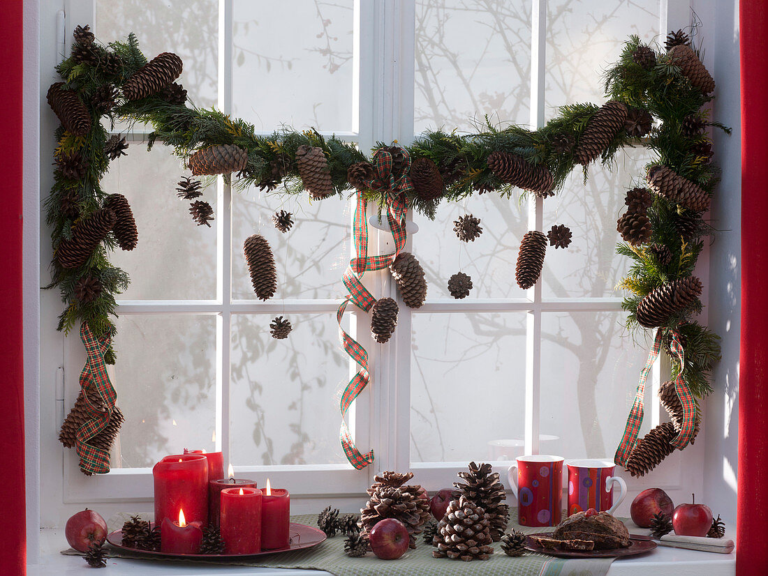 Window decorated with mixed conifer garland with Picea (spruce cones)